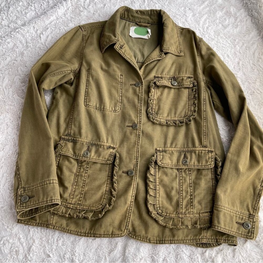 Anthropologie army green ruffle utility jacket coat barn field ruffled cotton